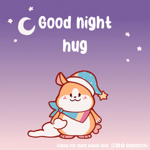 Cartoon Dog in Sleep Cap Saying Good Night Hug