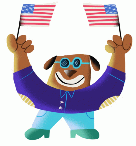 Cartoon Dog In Sunglasses Holding Two American Flags GIF