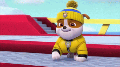 Cartoon Dog In Yellow Hat And Jacket On Ramp GIF
