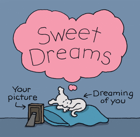 Cartoon Dog Laying on Bed With Sweet Dreams Thought Bubble