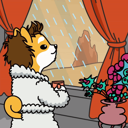 Cartoon Dog Looking Out Window With Coffee GIF