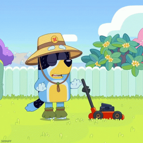 Cartoon Dog Mowing Grass Saying Okay GIF