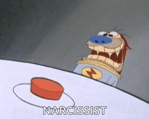 Cartoon Dog Pressing Red Button Saying Narcissist