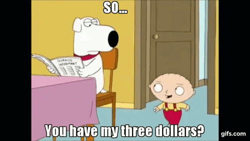 Cartoon Dog Reading Newspaper and Boy Asking If They Have Three Dollars
