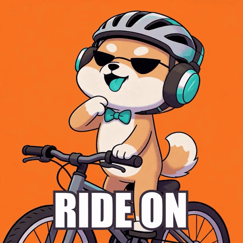 Cartoon Dog Riding Bike with Helmet and Headphones Saying Ride On