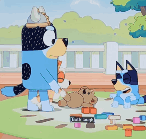 Cartoon Dog Says Both Laugh While Playing With Blocks