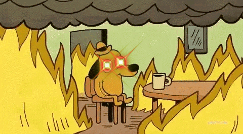 Cartoon Dog Sitting at Table With Coffee in Burning Room