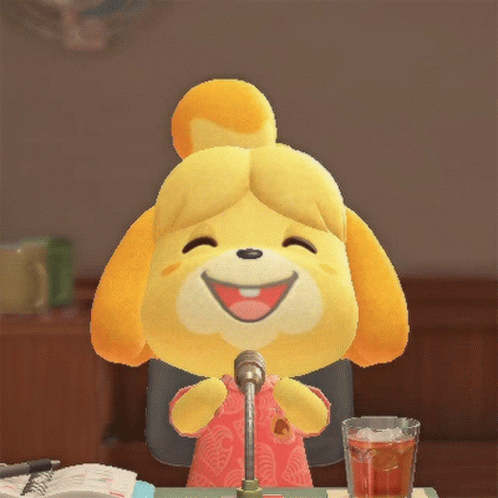 Cartoon Dog Sitting at Table with Microphone and Tea