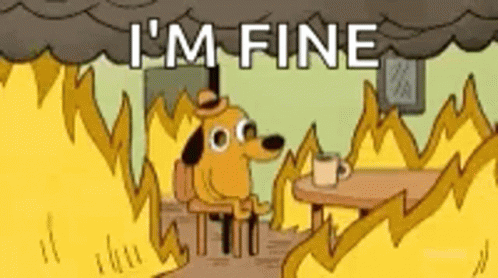 Cartoon Dog Sitting by Fire Saying Im Fine