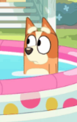 Cartoon Dog Sitting in Pink Pool