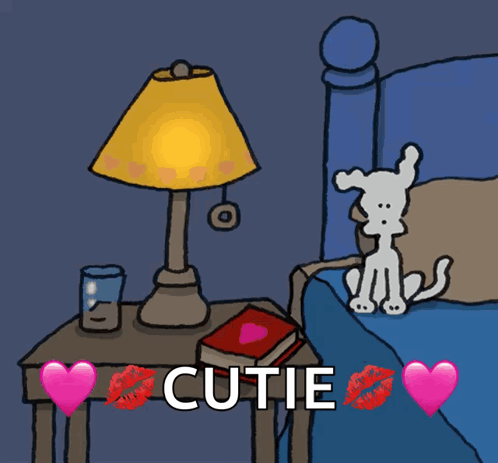Cartoon Dog Sitting on Bed Saying Cutie