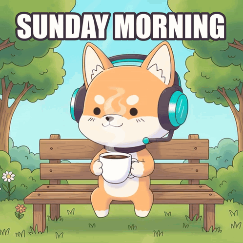 Cartoon Dog Sitting On Bench With Headphones And Coffee GIF