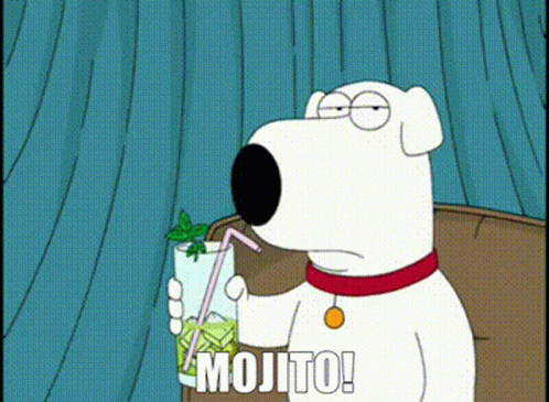 Cartoon Dog Sitting on Couch Drinking Mojito