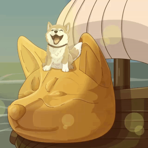 Cartoon Dog Sitting on Giant Dog Head
