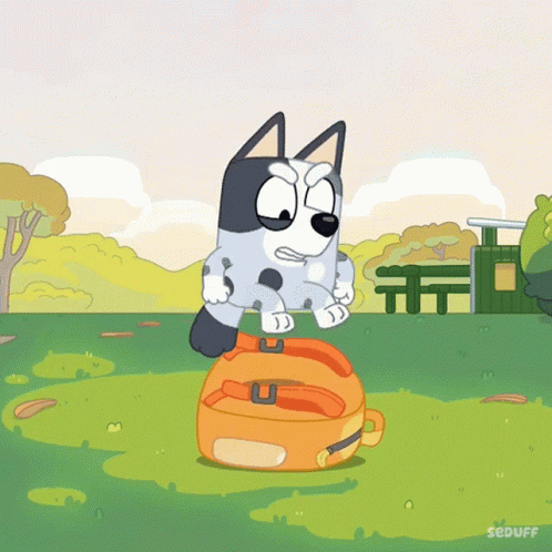Cartoon Dog Standing on Orange Suitcase