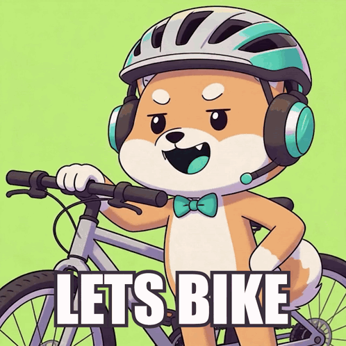 Cartoon Dog Wearing Headphones and Helmet Holding Bike Saying Lets Bike