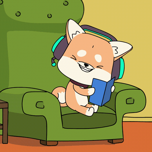 Cartoon Dog Wearing Headphones Reading Book