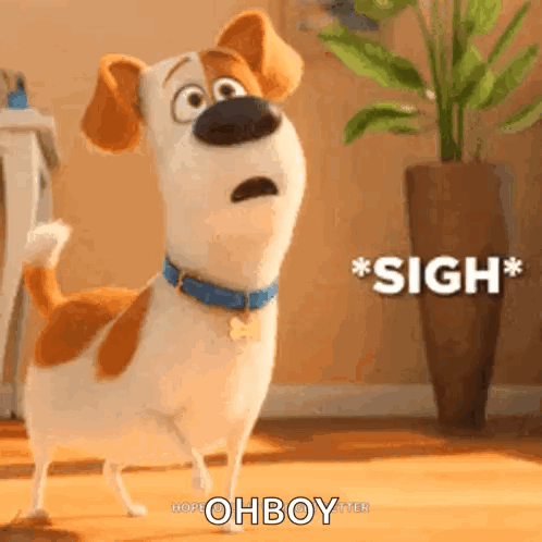 Cartoon Dog With Blue Collar Says Sigh Beside Potted Plant