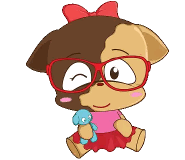 Cartoon Dog with Glasses and Red Bow Holding Stuffed Animal