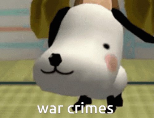 Cartoon Dog With War Crimes Text