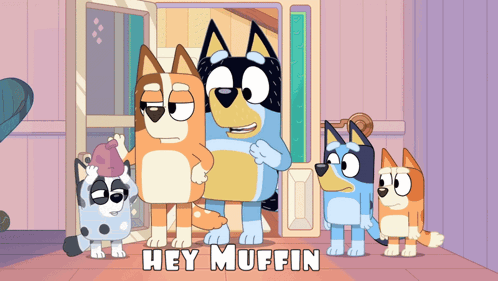 Cartoon Dogs Standing in Front of Hey Muffin Door