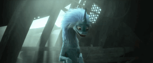 Cartoon Dragon With Blue Mane and Horn in Dark Room
