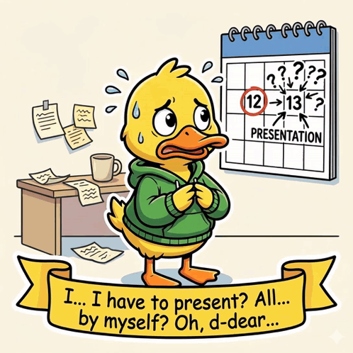 Cartoon Duck in Front of Calendar Saying Presentation