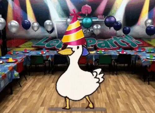 Cartoon Duck in Party Hat Dancing Let's Party