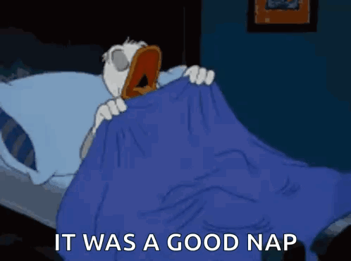 Cartoon Duck Laying in Bed With Blue Blanket