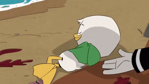 Cartoon Duck Laying on Ground Next to Hand