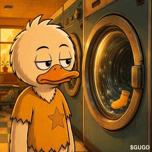 Cartoon Duck Looking At Socks In Washer GIF