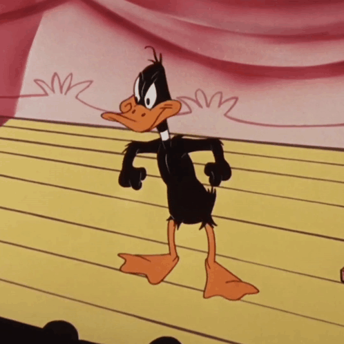 Cartoon Duck On Stage With Pink Curtain GIF