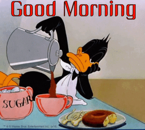 Cartoon Duck Pouring Coffee Into Cup With Sugar