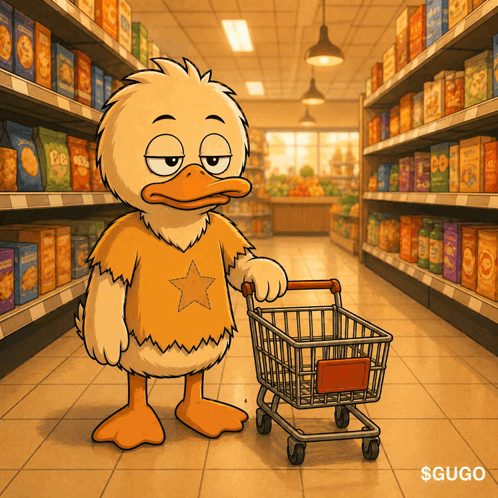 Cartoon Duck Pushing Shopping Cart