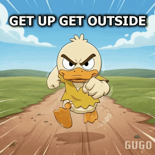 Cartoon Duck Running With Get Up Get Outside