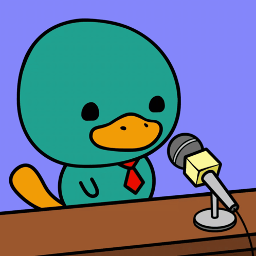 Cartoon Duck Speaking Into Microphone Job's Not Finished