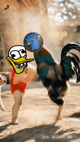Cartoon Duck Standing Next to Rooster Holding Ball