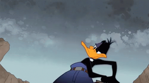 Cartoon Duck Standing on Rocky Cliff