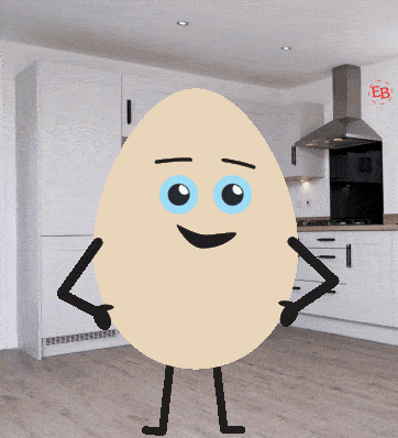 Cartoon Egg With Blue Eyes In Kitchen GIF