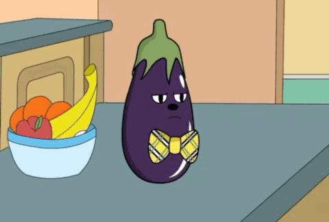 Cartoon Eggplant With Bow Tie and Fruit Bowl