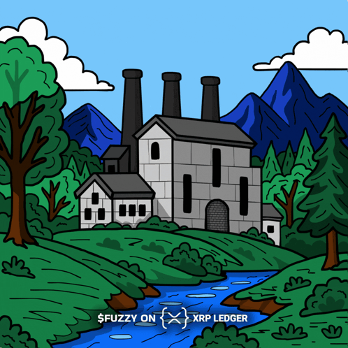 Cartoon Factory Surrounded By Trees And Mountains GIF