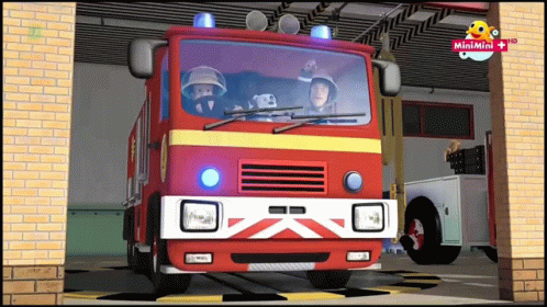 Cartoon Fire Truck Parked In Garage Saying Minimini GIF