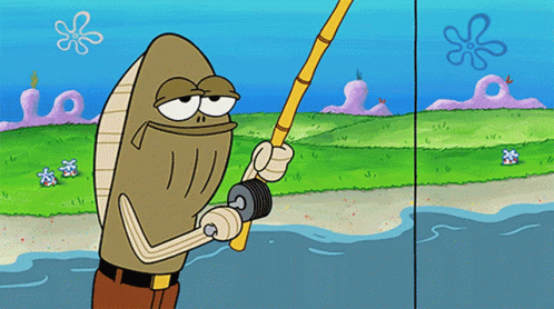Cartoon Fish Holding Fishing Rod and Dumbbell