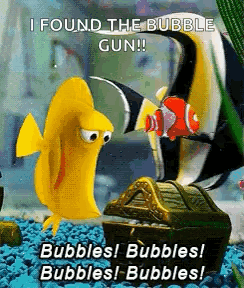 Cartoon Fish Next to Treasure Chest Says I Found the Bubble Gun