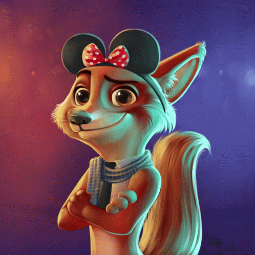 Cartoon Fox in Minnie Mouse Hat and Scarf