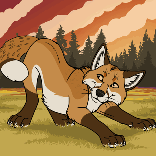 Cartoon Fox Stretching Legs in Field