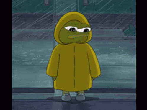 Cartoon Frog in Yellow Raincoat in Rain