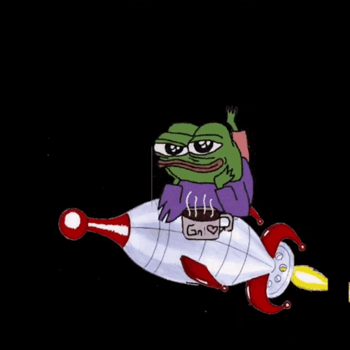 Cartoon Frog Riding Rocket with Coffee Cup