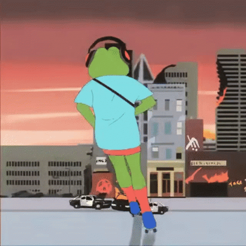 Cartoon Frog Rollerblading in Headphones