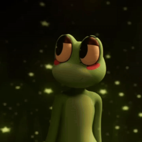 Cartoon Frog With Big Eyes and Pink Cheek in the Dark
